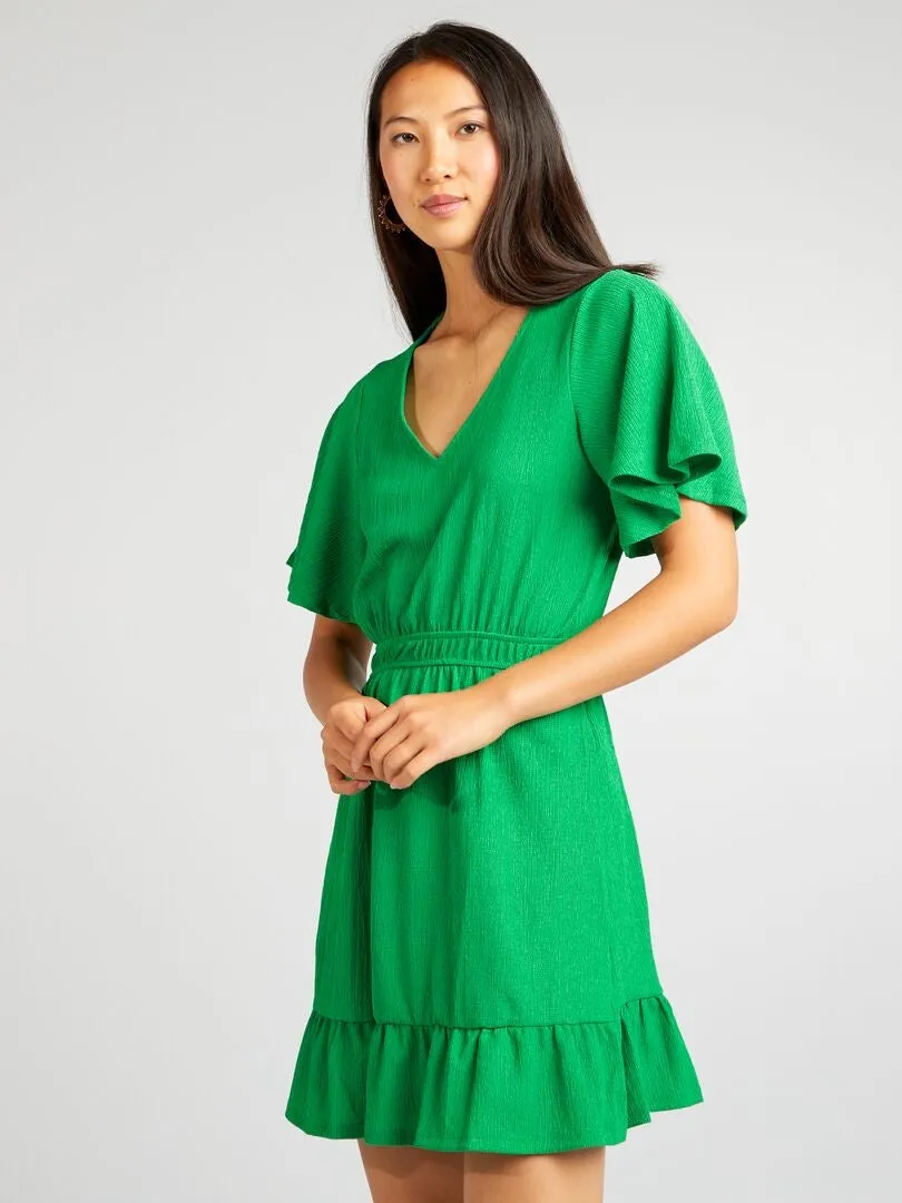 VESTIDO CORTO ESTAMPADO CON VOLANTES  VERDE