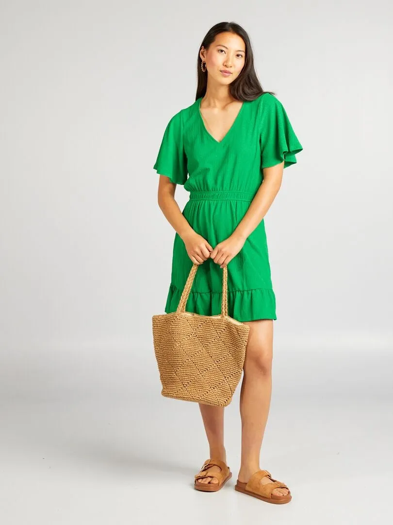 VESTIDO CORTO ESTAMPADO CON VOLANTES  VERDE