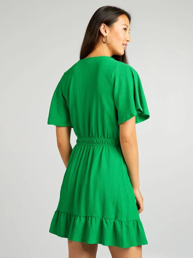 VESTIDO CORTO ESTAMPADO CON VOLANTES  VERDE