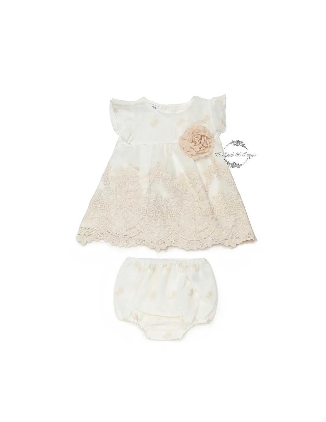 Vestido Corto y Braga Encajes Flor Crudo Ceremonia Juliana