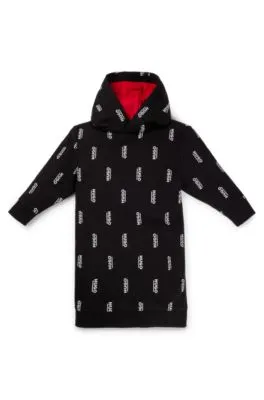Vestido de forro polar con capucha para niñas con estampado de logos verticales