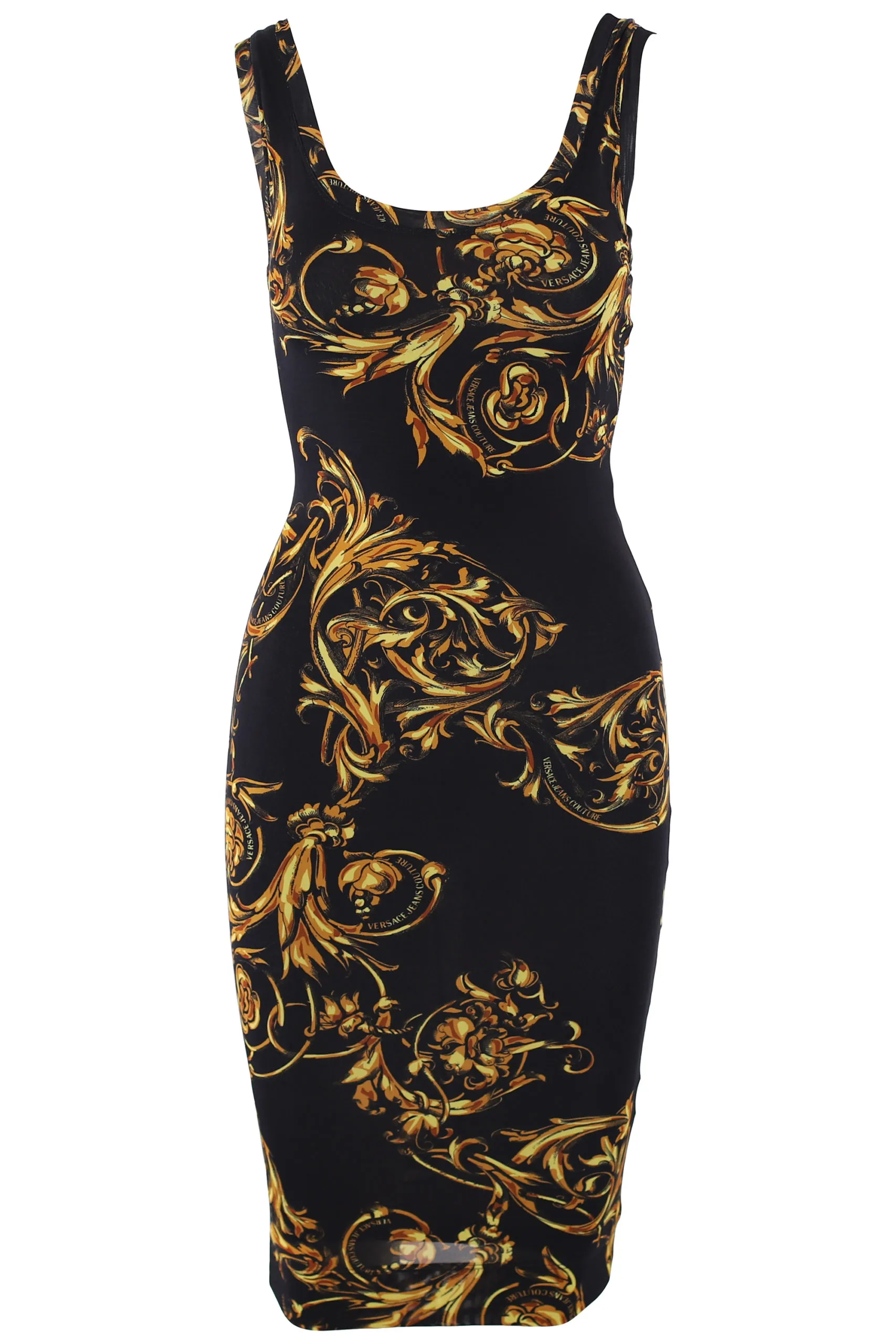Vestido elástico negro con estampado barroco