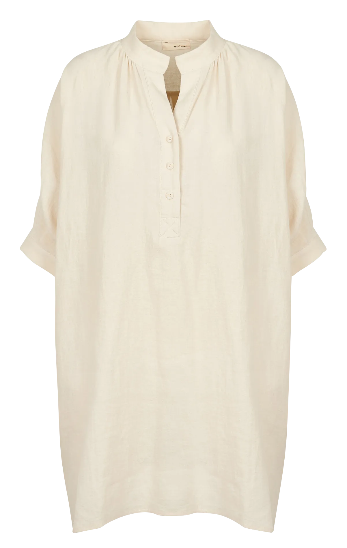 Vestido holgado corto de mezcla de lino con cuello tunecino en beige