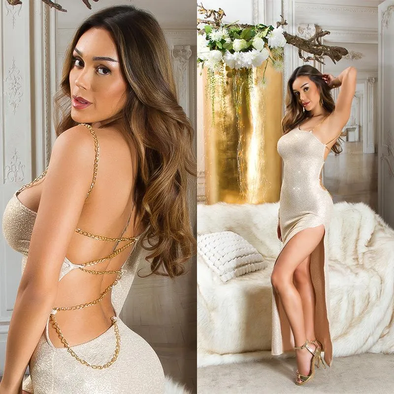 Vestido maxi de fiesta oro con brillo