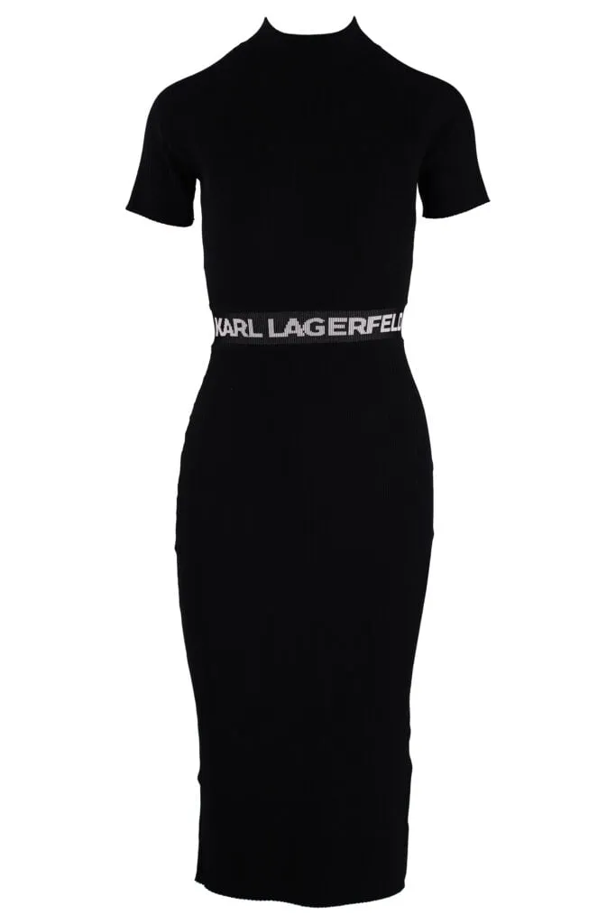 Vestido negro midi con logo en cintura