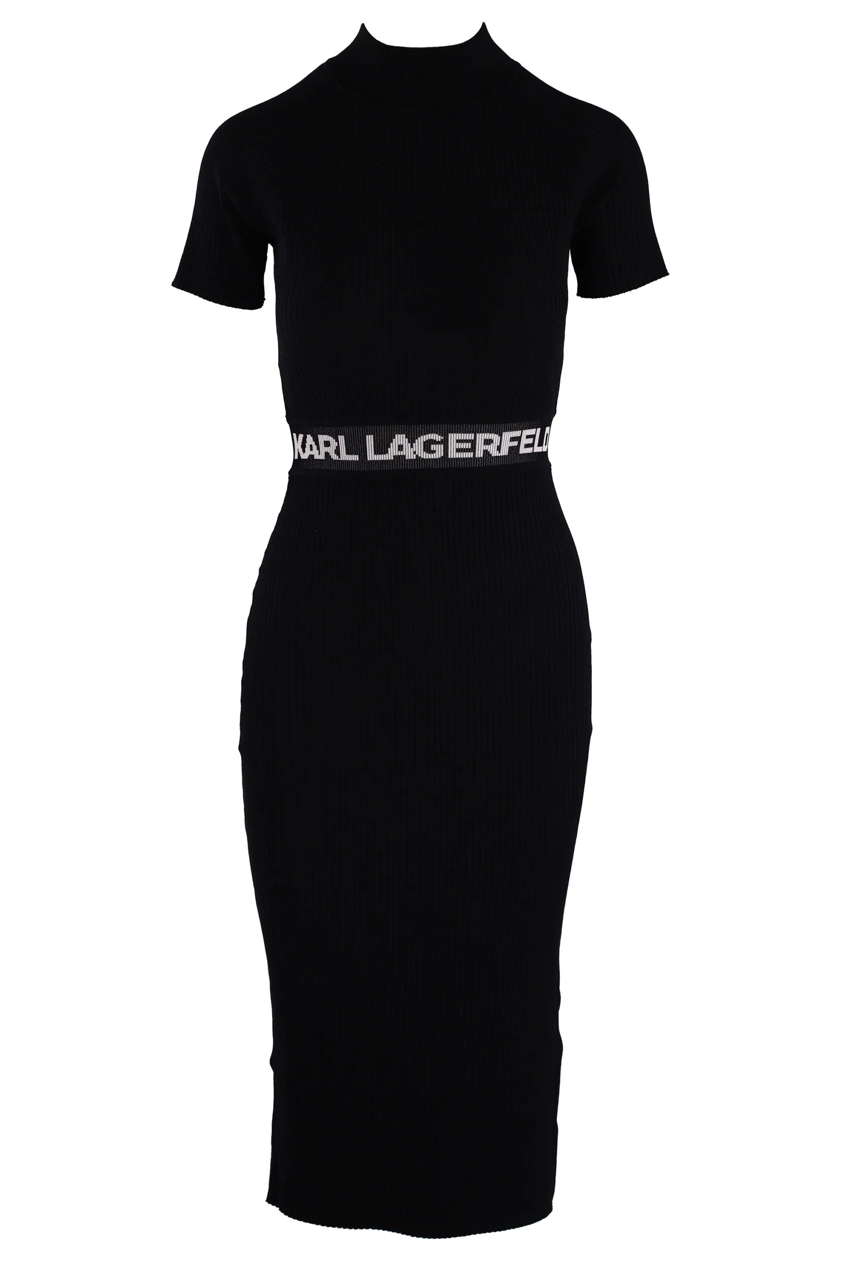 Vestido negro midi con logo en cintura
