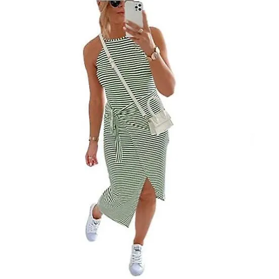 Women's Striped Tank Top Midi Dress Open Back Bow Tie Pleated Dress