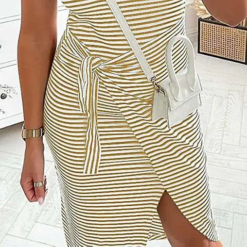 Women's Striped Tank Top Midi Dress Open Back Bow Tie Pleated Dress