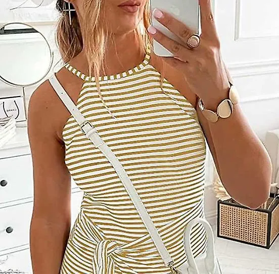 Women's Striped Tank Top Midi Dress Open Back Bow Tie Pleated Dress
