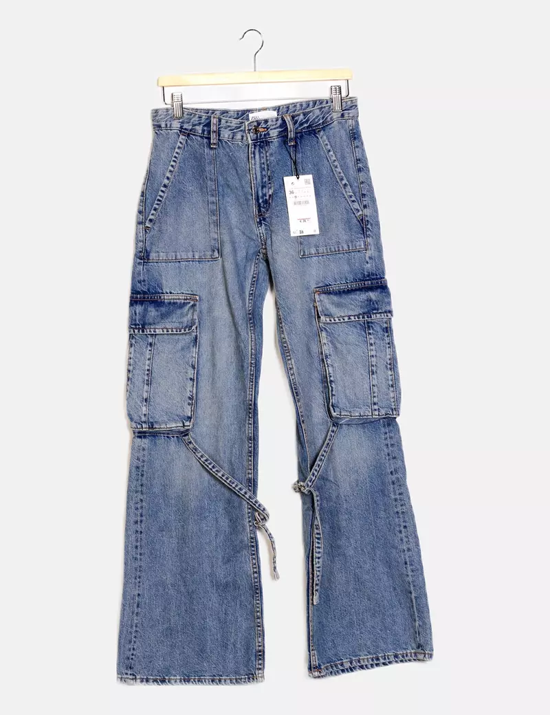 Zara Jeans denim cargo azul